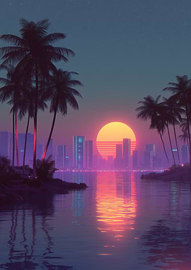 Retro Sunset Cityscape with Palm Trees