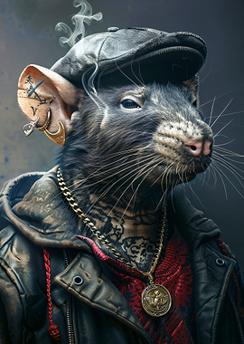 Tattooed Rat Wearing Cap and Jewelry