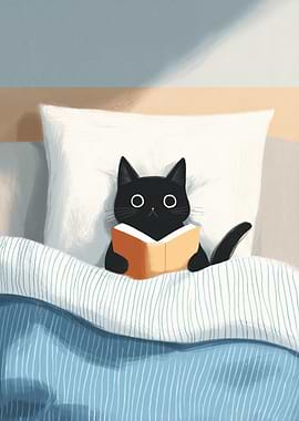 Black Cat Reading a Book in Bed