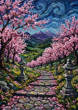 Japanese Cherry Blossom Landscape Painting