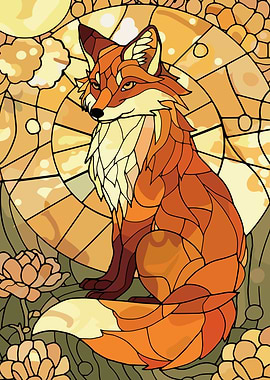 Stained Glass Fox with Floral Background