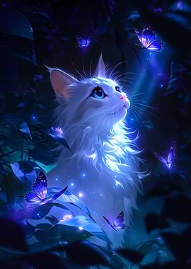 White Cat with Blue Butterflies