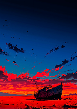 Wrecked Ship at Sunset