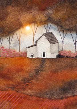 Watercolor Painting of a Rural House at Sunset