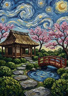 Japanese Garden Under Starry Sky