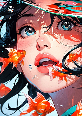 Girl with Goldfish Underwater