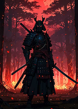Samurai Warrior in Fiery Forest