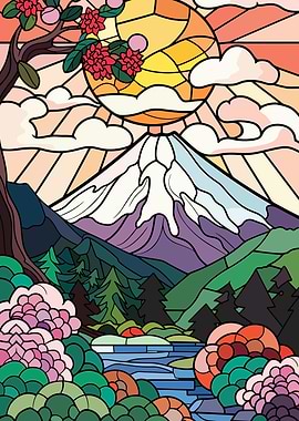 Stained Glass Mountain Landscape