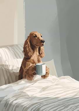 Dog in Bed with Coffee
