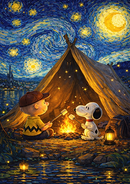 Charlie Brown and Snoopy Camping Under Starry Night