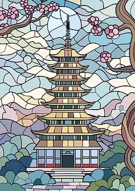 Stained Glass Pagoda and Cherry Blossoms