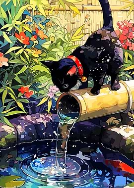 Black Cat Drinks from Bamboo Fountain