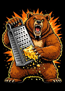 Fierce Cheese Grating Bear Poster, Funny Animal Illustration, Intense Kitchen Wall Art
