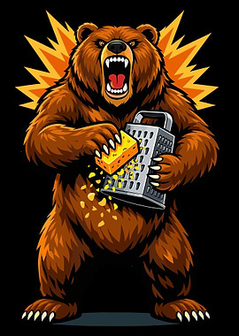 Roaring Grizzly Bear Poster, Funny Cheese Grater Cartoon Art, Kitchen Wall Print