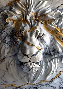 Marble Lion Head with Gold Inlay