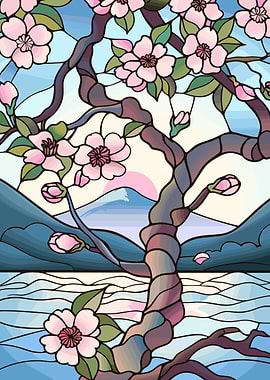 Stained Glass Cherry Blossoms and Mountain