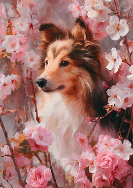 Sheltie Dog Among Cherry Blossoms