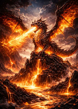 Dragon breathing fire in a volcanic landscape