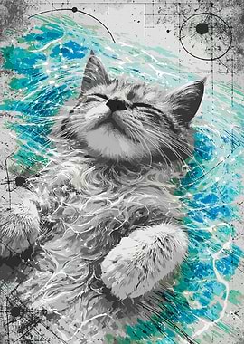 Cat Floating in Water with Abstract Elements