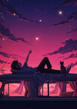 Person and cat watching stars from a van roof
