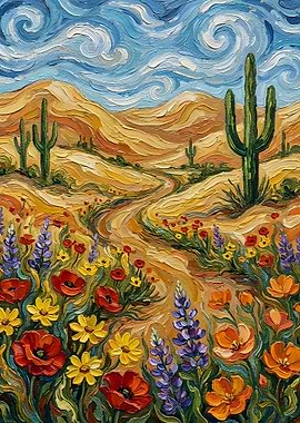 Desert Landscape with Wildflowers and Saguaro Cacti