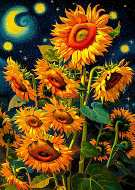 Sunflowers Under a Starry Night Sky