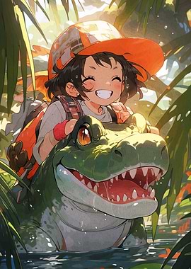 Girl Riding a Crocodile in Jungle