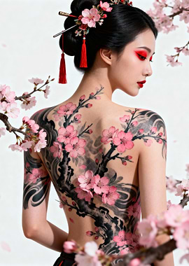 Geisha with Cherry Blossom Tattoo