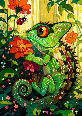 Chameleon and Ladybug in a Garden