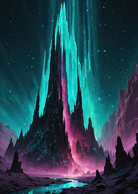Luminescent Spire — Neon Crystal Mountain Under Starry Aurora