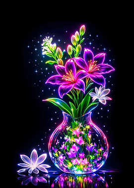 Neon Floral Arrangement in Glass Vase