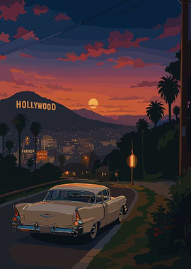 Hollywood Sign at Sunset with Classic Car