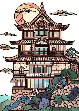 Traditional Japanese Building with Sun and Clouds