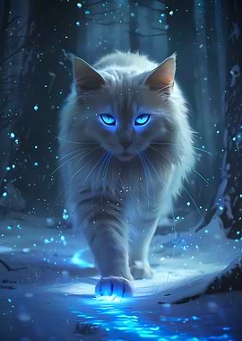 White Cat in Snowy Forest