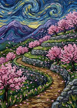 Starry Night Cherry Blossom Landscape