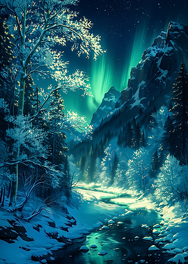 Winter Aurora Forest Stream
