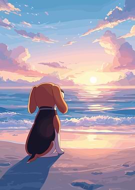 Dog watching sunset on beach