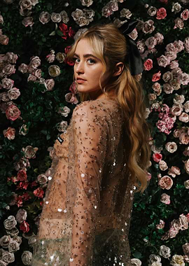 kathryn newton in sequined dress with floral background