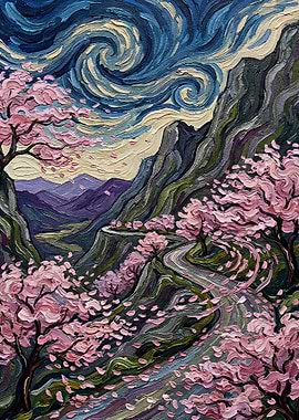 Cherry Blossoms on a Winding Mountain Road