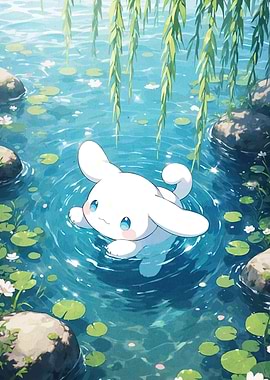 Cute character swimming in a pond