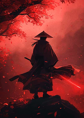 Samurai with glowing sword in red forest