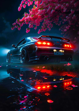 Sports car under cherry blossoms