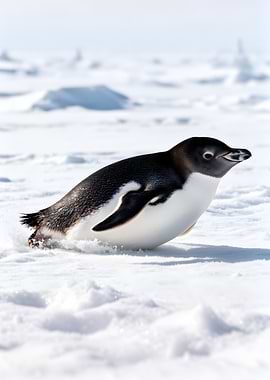 Penguin sliding on snow