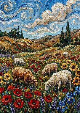 Sheep Grazing in a Field of Flowers