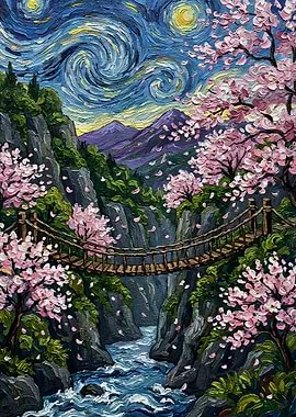 Starry Night Cherry Blossom Bridge