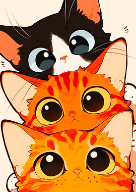Three Cute Cartoon Cats Stacked