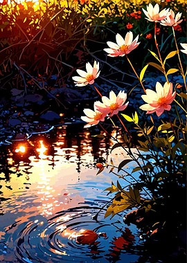 Cosmos flowers by the water at sunset