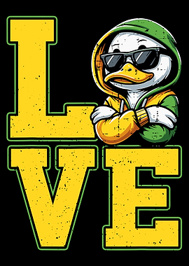 LOVE Duck Poster, Cool Urban Street Art Print, Yellow Green Cartoon Wall Decor