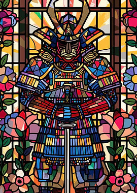 Samurai in Stained Glass with Flowers