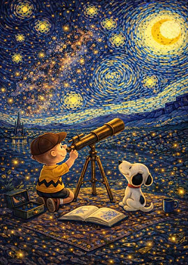 Charlie Brown and Snoopy stargazing
